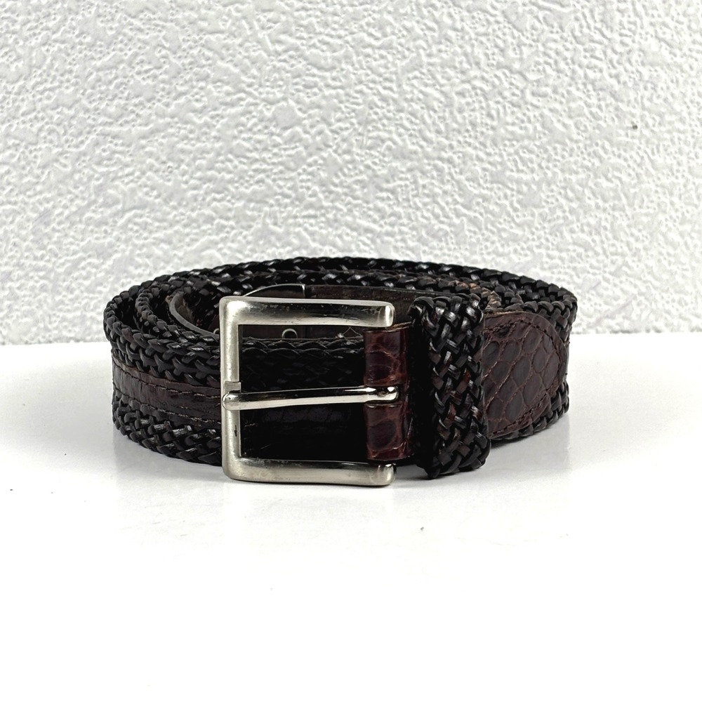 Woven‎ Leather Belt Mens 38-40 Dark Brown Braided Exotic Inlay Western Textured